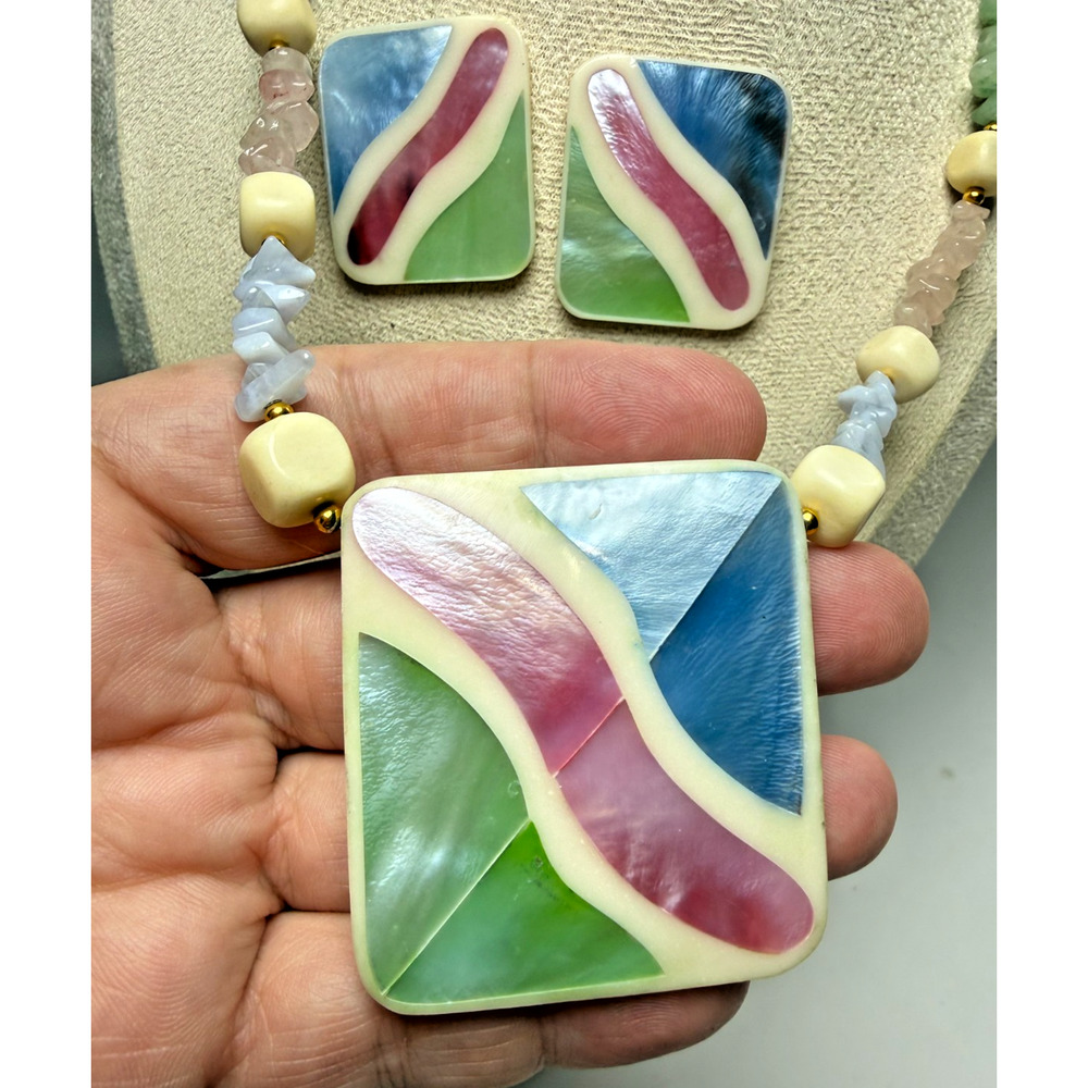 Retro 1980's MOP Inlay Bold Necklace & Earring Set Colorful Pastel Chunky Lucite - Picture 2 of 7